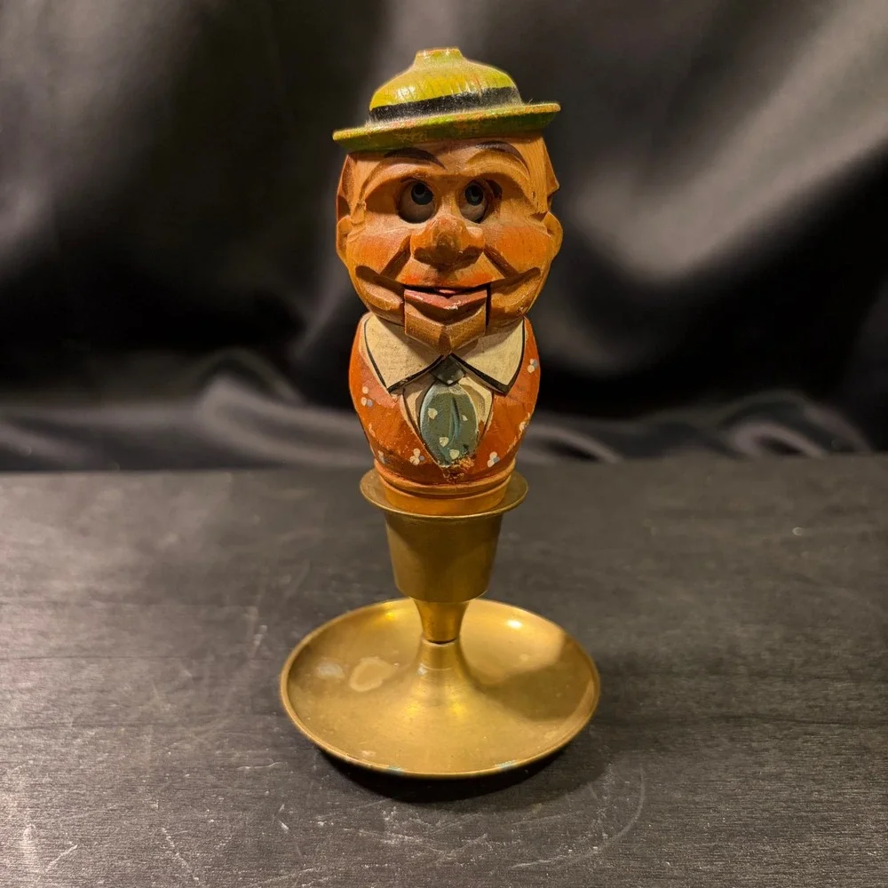 Vintage Hand Carved Wooden Mechanical Bottle Stopper Moving Jaw Man in Hat